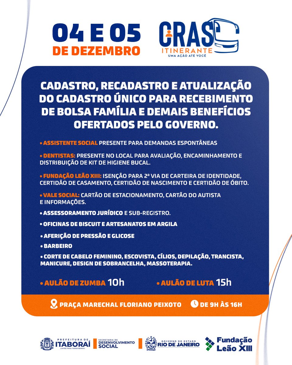 O CRAS Itinerante chega à Praça Marechal Floriano Peixoto! 📄

Nesta quarta e quinta-feira (04 e 05/12), os funcionários da Secretaria de Desenvolvimento Social vão atender a população para questões o benefício do Bolsa Família, além de oferecer outros serviços. 

⏰ 9h às 16h