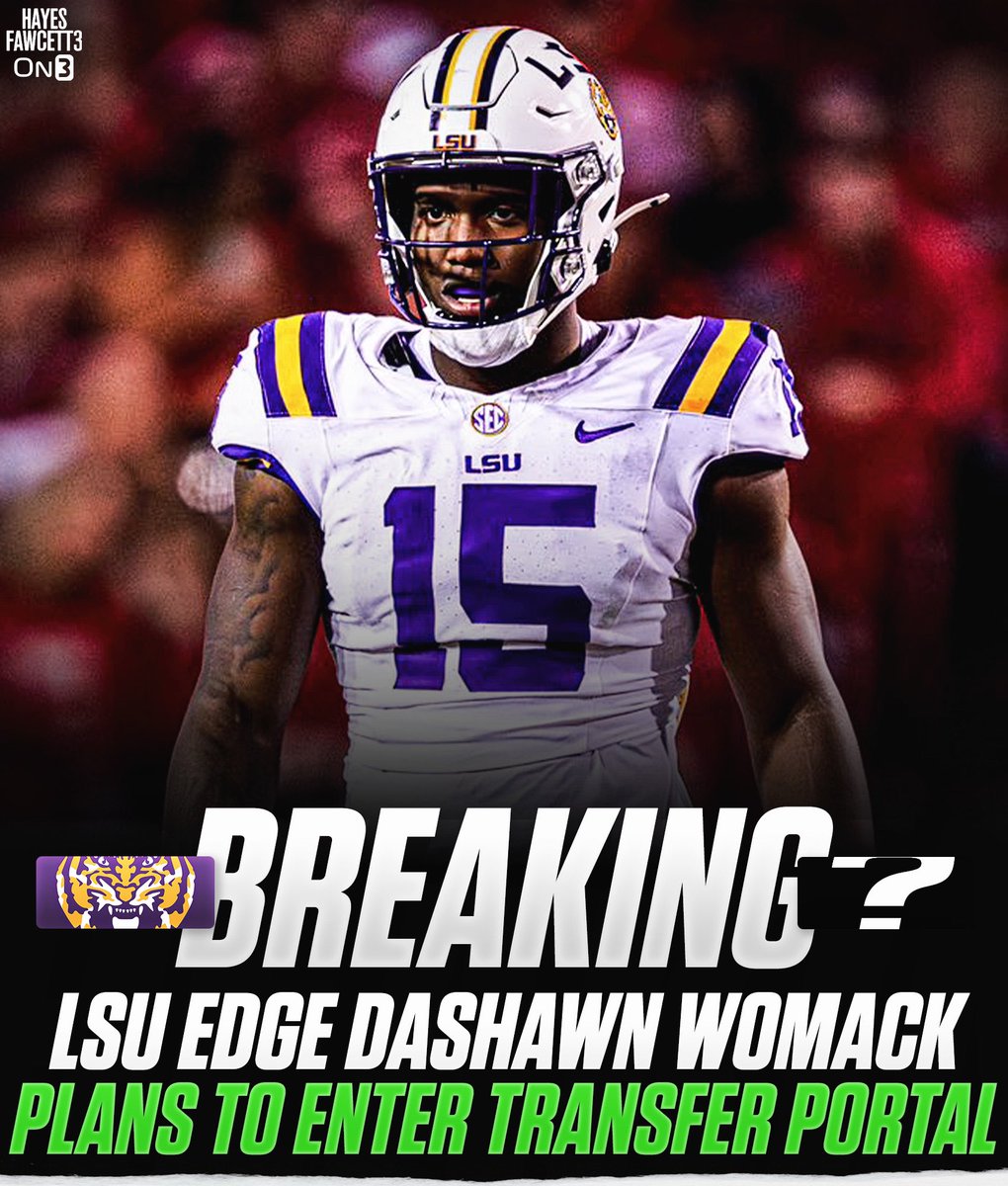 BREAKING: LSU EDGE Dashawn Womack plans to enter the Transfer Portal, he tells @on3sports

The 6’5 255 EDGE totaled 23 Tackles, 2.5 Sacks, &amp; 4 PD in his 2 years with the Tigers

Five-Star recruit in the ‘23 Class (per On3)

2 years of eligibility left 

on3.com/db/dashawn-wom…