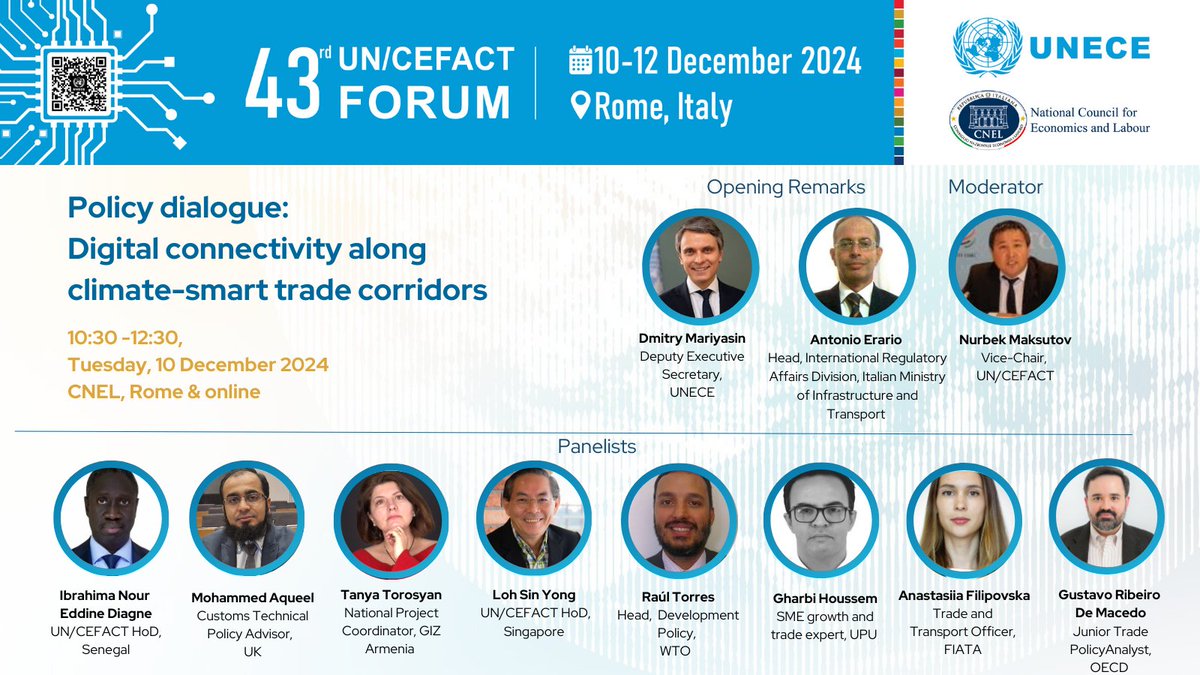 ElisabethTuerk's tweet photo. 🚨 One Week to Go! 🚨
Join the Policy Dialogue on Digital Connectivity Along Climate-Smart Trade Corridors at the 43rd UN/CEFACT Forum in Rome 🌍
🎤 Key Speakers from @WTO @UPU_UN @OECDtrade and many more!
🔗 Register now: https://t.co/MaPAB0bVjq
#digital4trade
@UNECE https://t.co/WDA8hYwvh9