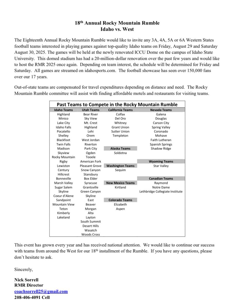 Looking for football teams to play in the next installment of the Rocky Mountain Rumble hosted inside the ICCU Dome at Idaho State University. Games will be played Aug. 29-30, 2025. Reach out if interested! 
#IdahovsTheWest