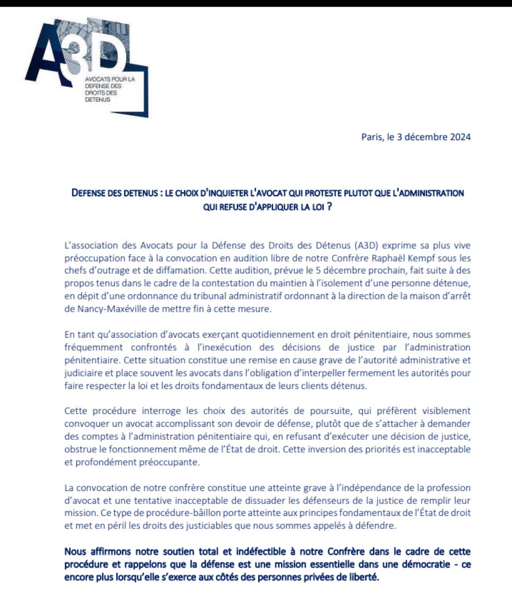 AssociationA3D's tweet photo. L’association apporte son plein soutien à notre confrère @Raphaël Kempf qui n’a fait qu’exercer sa profession. 

L’enquête ouverte contre lui ne peut qu’interroger. https://t.co/677YeA11S7