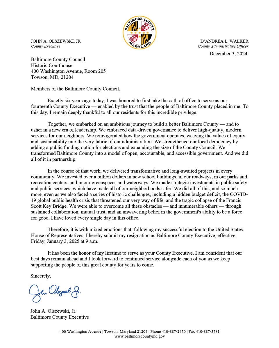 Resignation letter from the County Executive to the Baltimore County Council.