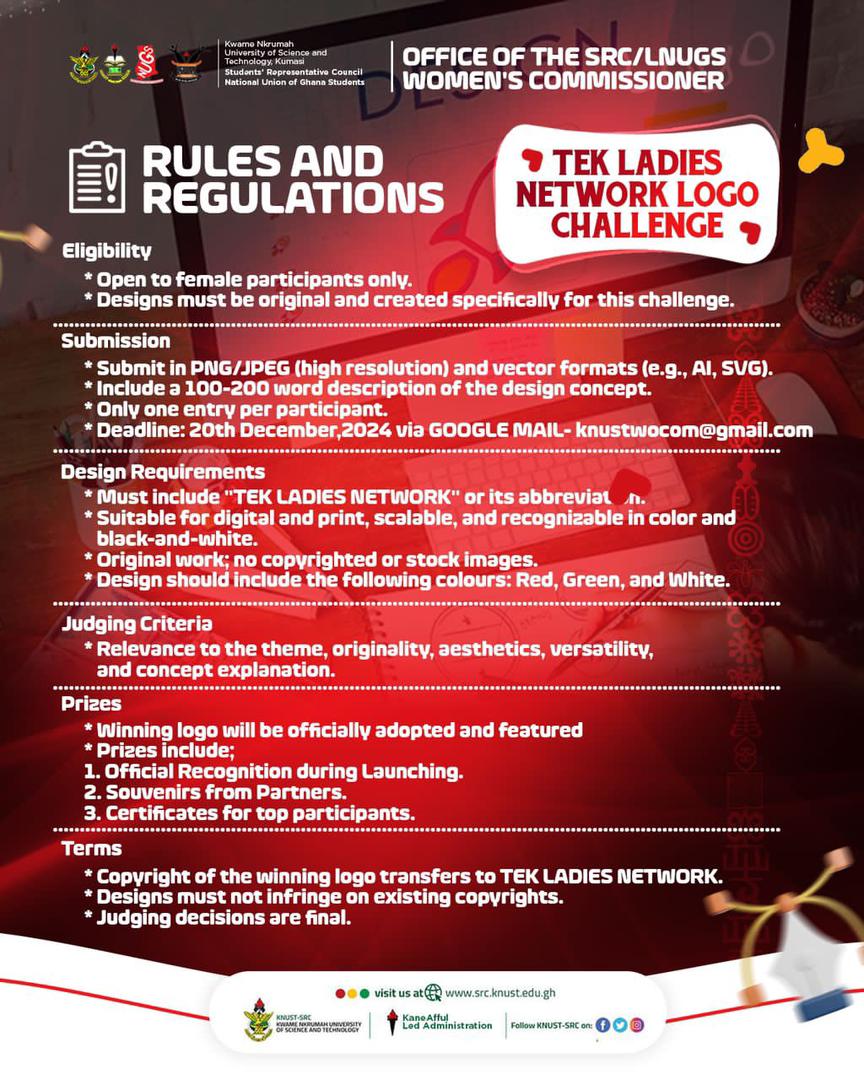 yaaduakye's tweet photo. The Rules And Regulations for TEK LADIES NETWORK LOGO CHALLENGE* is inπ₯.
Abide by these protocols and be the Woman who left a Legacy of designing the TEK LADIES NETWORK LOGO.
Register via this link Now:
https://t.co/I2Kik1zM5v
#RULESANDREGULATIONS
#IAMATEKLADY
#SHEFIDENCE https://t.co/8gEolyQojZ