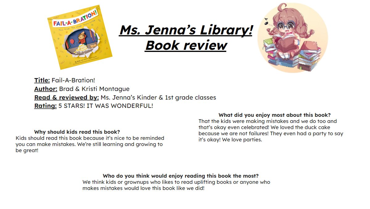 Biblionasium's tweet image. 🎉 Mistakes are just part of the journey in Fail-a-bration! This book encourages kids to embrace failure and keep trying. Check out the glowing review from one of our Review Program educators to see how it’s resonating with young readers! 🍰📚 #LearningThroughFailure #Growth