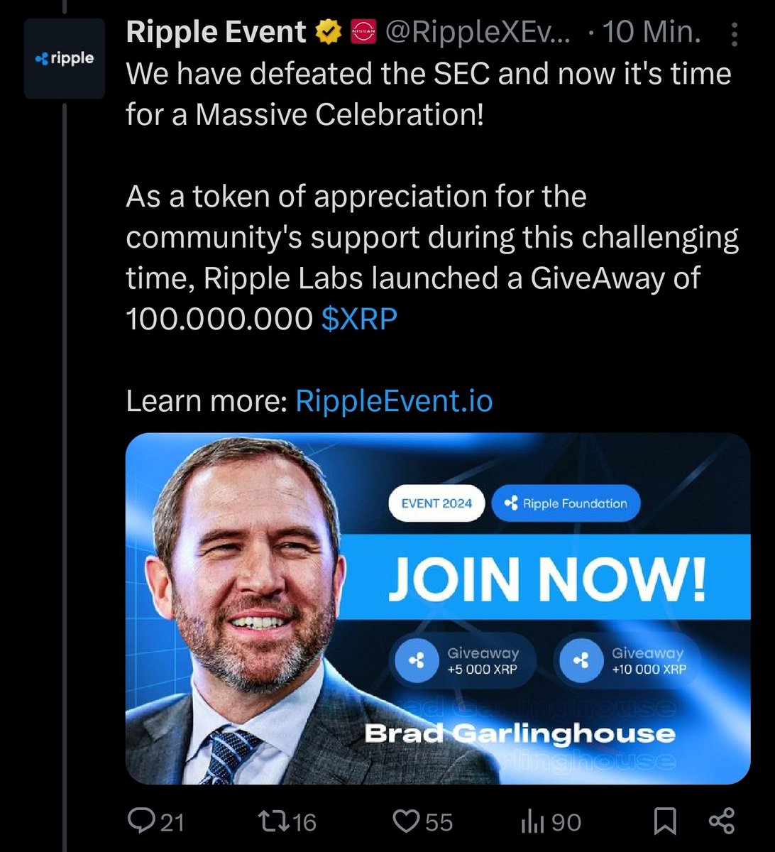 🚨 ATTENTION 🚨

If you see such a post or comment on X, it is 100% a scam! If someone contacts you to connect your wallet or to make more money, it is also a scam!

Ripple will never send you #XRP; no one will! Beware of scammers!

Share this message!
