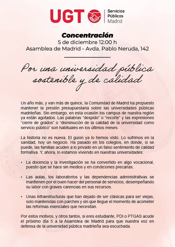 UGT-UCM (@ugt_ucm) on Twitter photo Concentración en Madrid por la Universidad Pública
<a href="/unicomplutense/">Complutense</a> <a href="/UAM_Madrid/">UAM Autónoma Madrid</a> <a href="/La_UPM/">Universidad Politécnica de Madrid</a> <a href="/urjc/">URJC</a> <a href="/uc3m/">UC3M</a> <a href="/UAHes/">Universidad Alcalá</a> <a href="/UNED/">UNED</a> Concentración en Madrid por la Universidad Pública
<a href="/unicomplutense/">Complutense</a> <a href="/UAM_Madrid/">UAM Autónoma Madrid</a> <a href="/La_UPM/">Universidad Politécnica de Madrid</a> <a href="/urjc/">URJC</a> <a href="/uc3m/">UC3M</a> <a href="/UAHes/">Universidad Alcalá</a> <a href="/UNED/">UNED</a>
