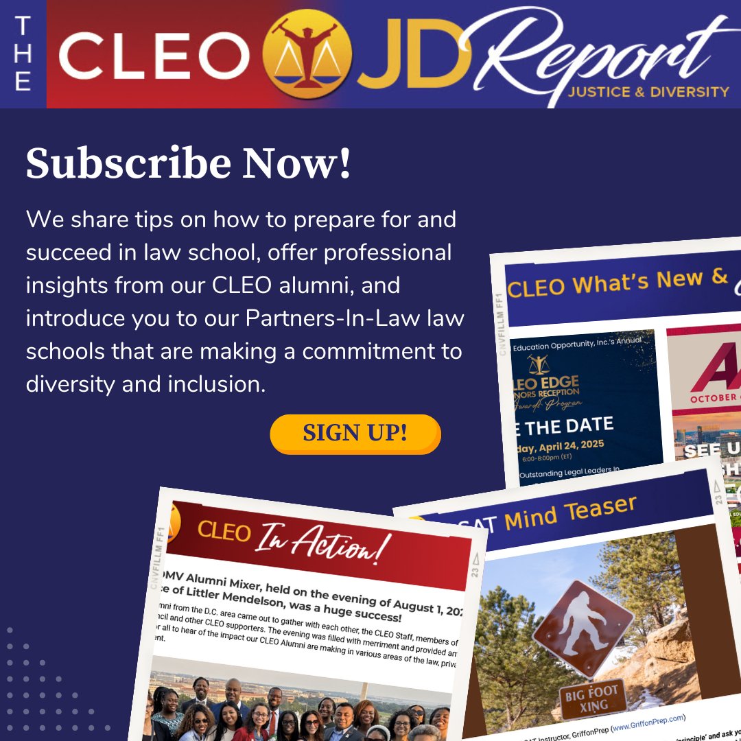Subscribe today to the CLEO Justice &amp; Diversity Report. Click here to subscribe today: tinyurl.com/jdreport
Issue #15 will be out soon! 
View past issues here: cleoinc.org/jd-report/
#cleonewsletter #cleoscholars #cleoalumni #legaleducation #prelaw #lawschools