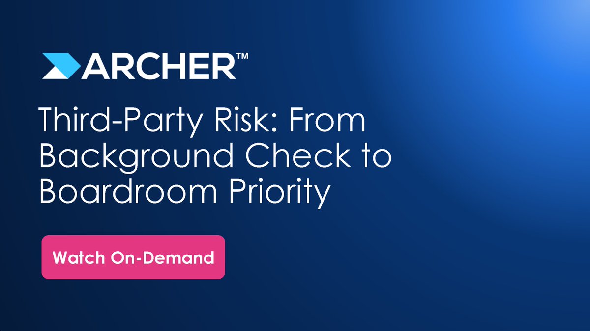 ArcherIRM's tweet photo. Cyberattacks, operational failures, and natural disasters are some of today’s biggest corporate risks. Watch our webinar with metafinanz, featuring live Archer demos on setting up and managing third-party risk effectively.

��� Check it out here: https://t.co/RKYk2NIUSE https://t.co/jGqeiUZoN9