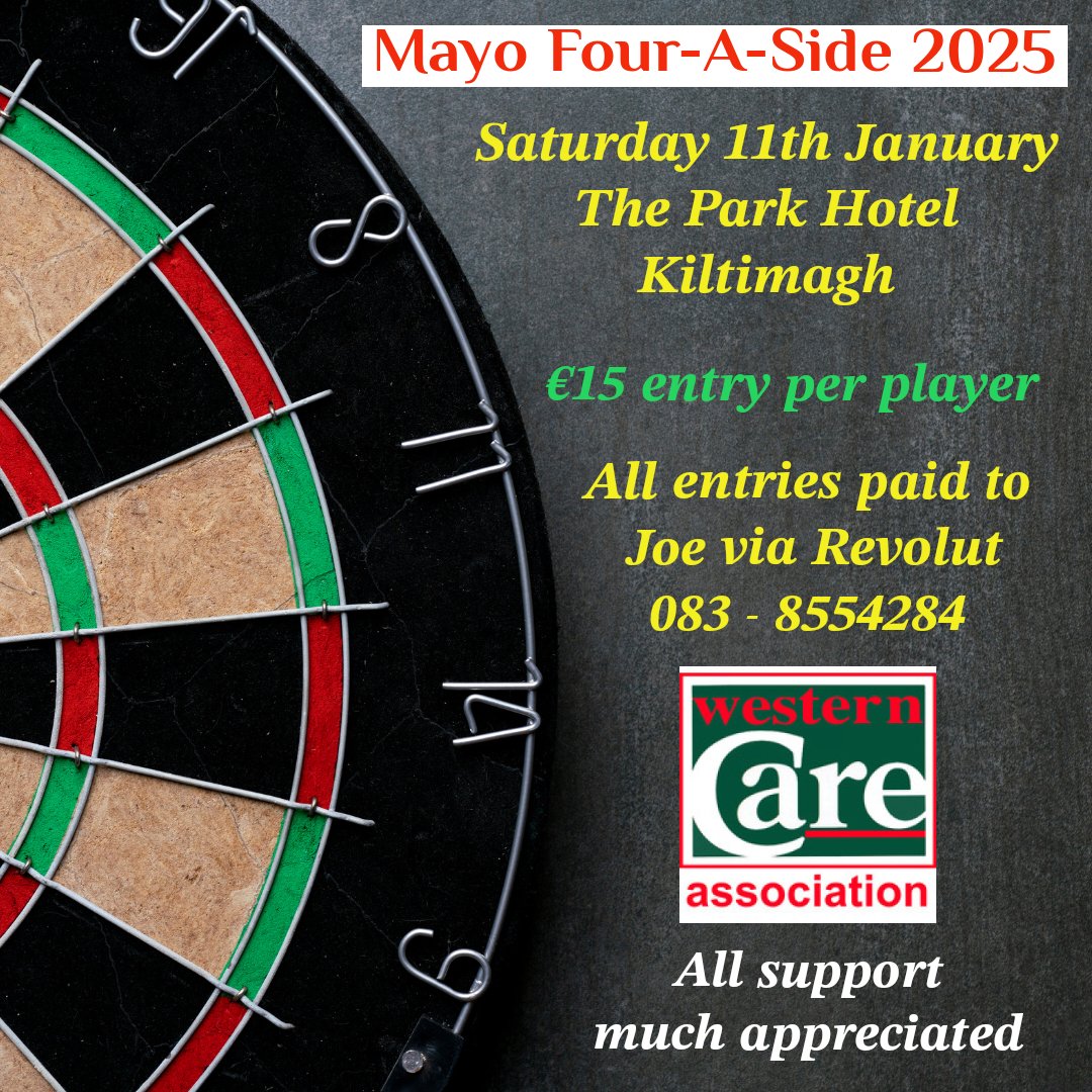 Danny McNamara (@dannymcdarts180) on Twitter photo The annual #Mayo Four-A-Side fundraising darts event takes place in <a href="/KiltimaghPark/">Kiltimagh Park Hotel</a> on Saturday January 11th in aid of <a href="/WesternCareMayo/">Western Care Mayo</a> - Any donations or raffle prizes would be most appreciated ๐๐ป
<a href="/mayonewssport/">Mayo News - Sport</a>
<a href="/thecontel/">Connaught Telegraph</a>
<a href="/WesternPeople/">Western People</a> <a href="/radiomidwest/">Mid West Radio</a> <a href="/MayoDartsOrg/">Mayo Darts Organisation</a> The annual #Mayo Four-A-Side fundraising darts event takes place in <a href="/KiltimaghPark/">Kiltimagh Park Hotel</a> on Saturday January 11th in aid of <a href="/WesternCareMayo/">Western Care Mayo</a> - Any donations or raffle prizes would be most appreciated ๐๐ป
<a href="/mayonewssport/">Mayo News - Sport</a>
<a href="/thecontel/">Connaught Telegraph</a>
<a href="/WesternPeople/">Western People</a> <a href="/radiomidwest/">Mid West Radio</a> <a href="/MayoDartsOrg/">Mayo Darts Organisation</a>