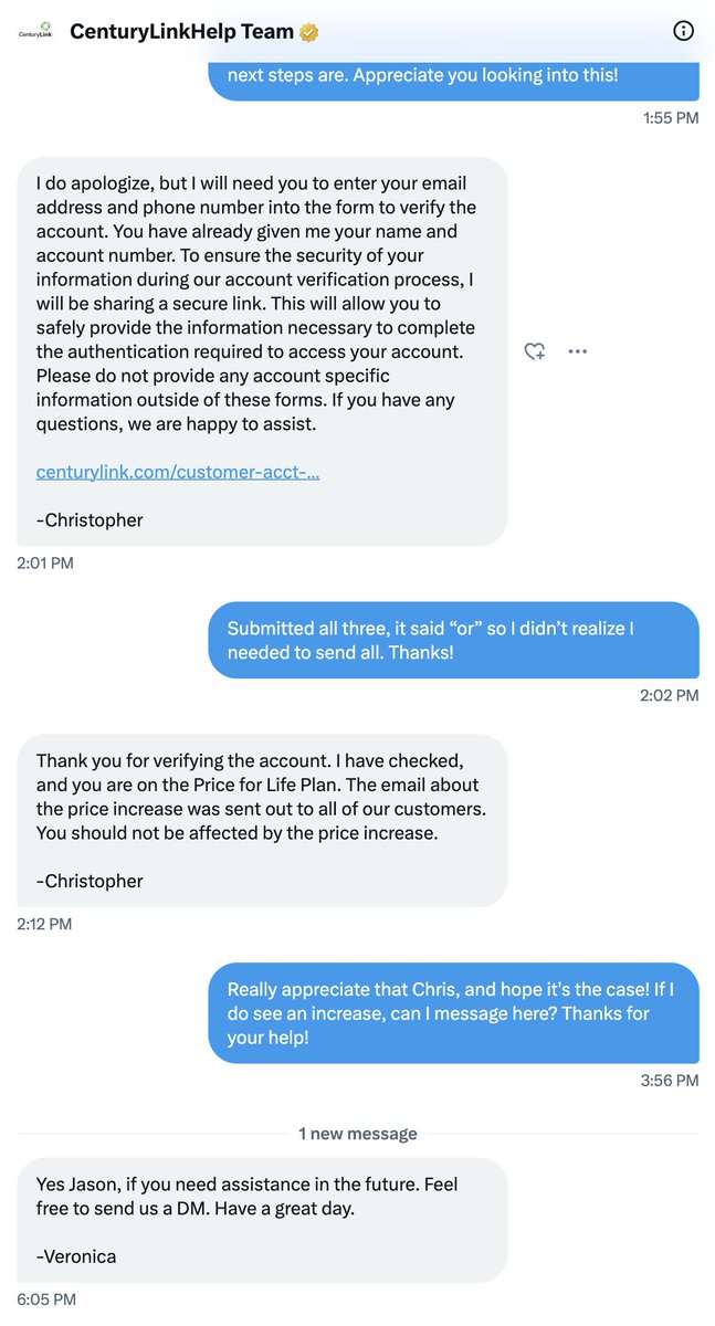 jasonfenske13's tweet image. Hey @CenturyLink - why do you lie to your customers?
When I signed up, price for life.
When I verified w/ your chat last year, price for life.
This year? Suddenly not price for life.
See your own chat history; stop with the scams.