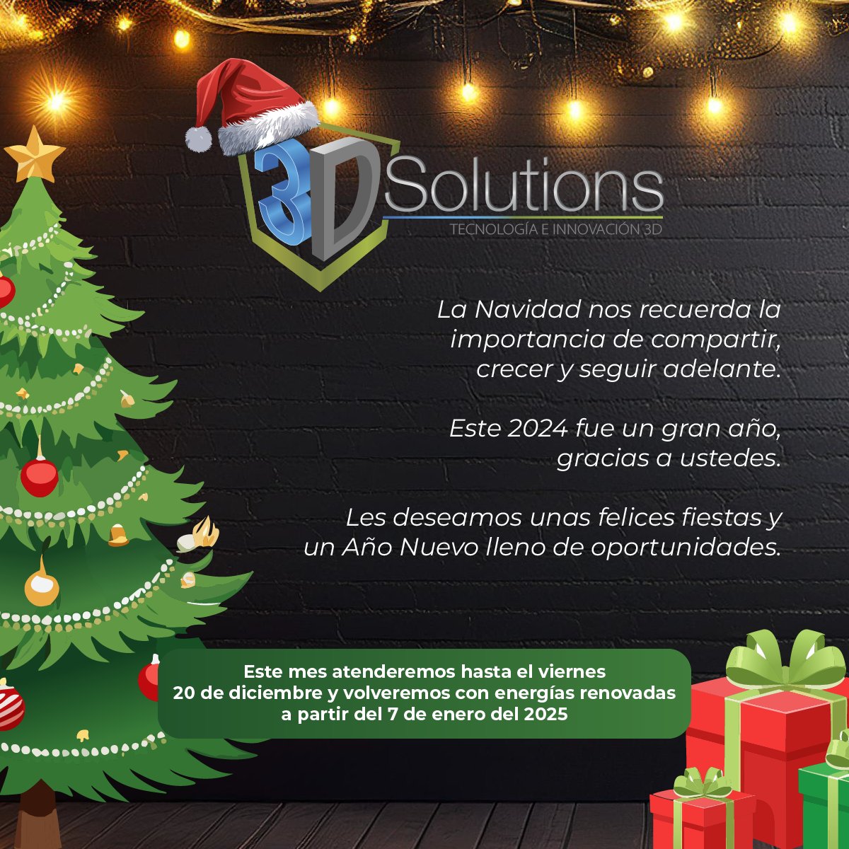 🎄✨ En esta temporada especial, en 3D Solutions queremos agradecerles por acompañarnos este año lleno de innovación y crecimiento. Les deseamos una muy Feliz Navidad y un próspero Año Nuevo 2025 lleno de éxitos.