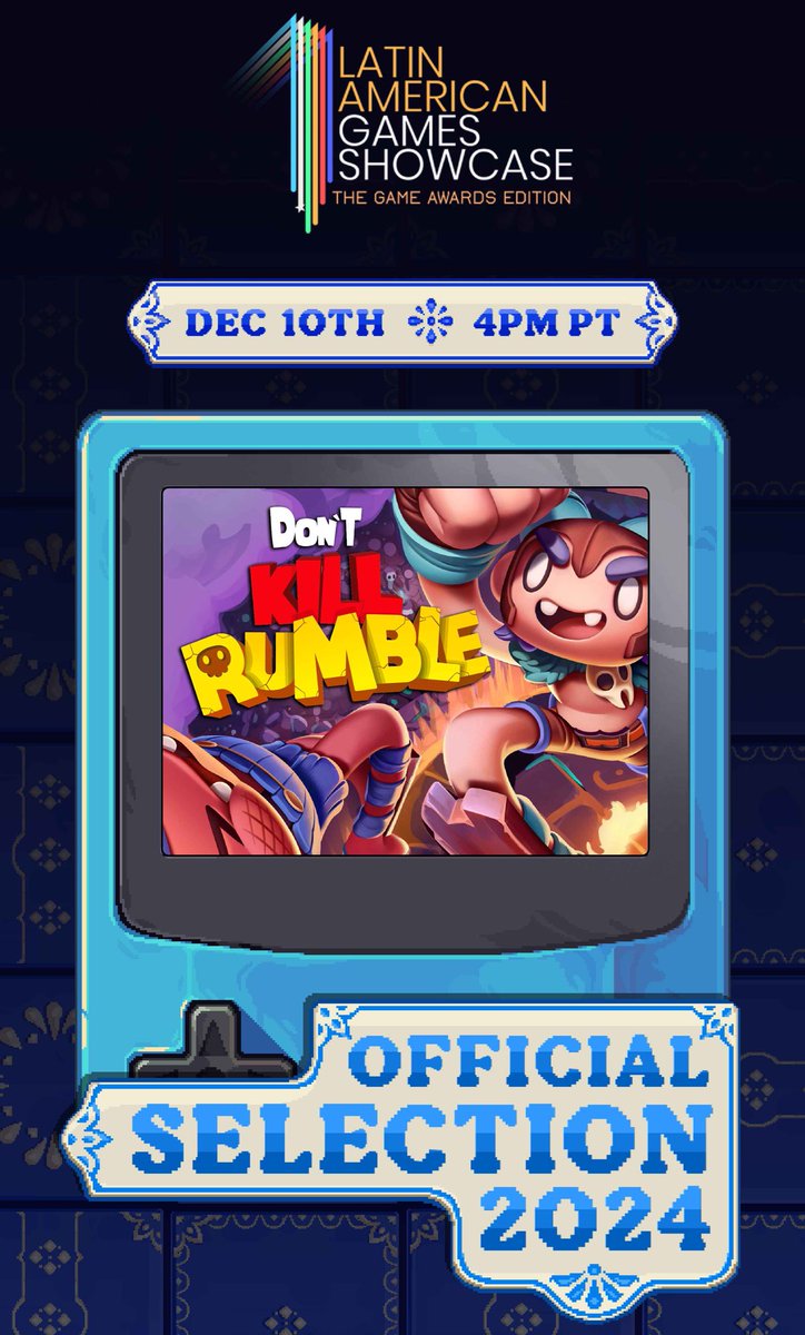 Don't Kill Rumble (@dontkillrumble) on Twitter photo We’re thrilled to announce we’re part of the official selection of the Latin American Game Showcase: #TheGameAwards Edition! 🤯
🗓️ December 10th, 4:00 PM PT
Tune in to check a new premiere trailer. The best multiplayer vertical battles await! 🔥
#indiegame #gamedev We’re thrilled to announce we’re part of the official selection of the Latin American Game Showcase: #TheGameAwards Edition! 🤯
🗓️ December 10th, 4:00 PM PT
Tune in to check a new premiere trailer. The best multiplayer vertical battles await! 🔥
#indiegame #gamedev
