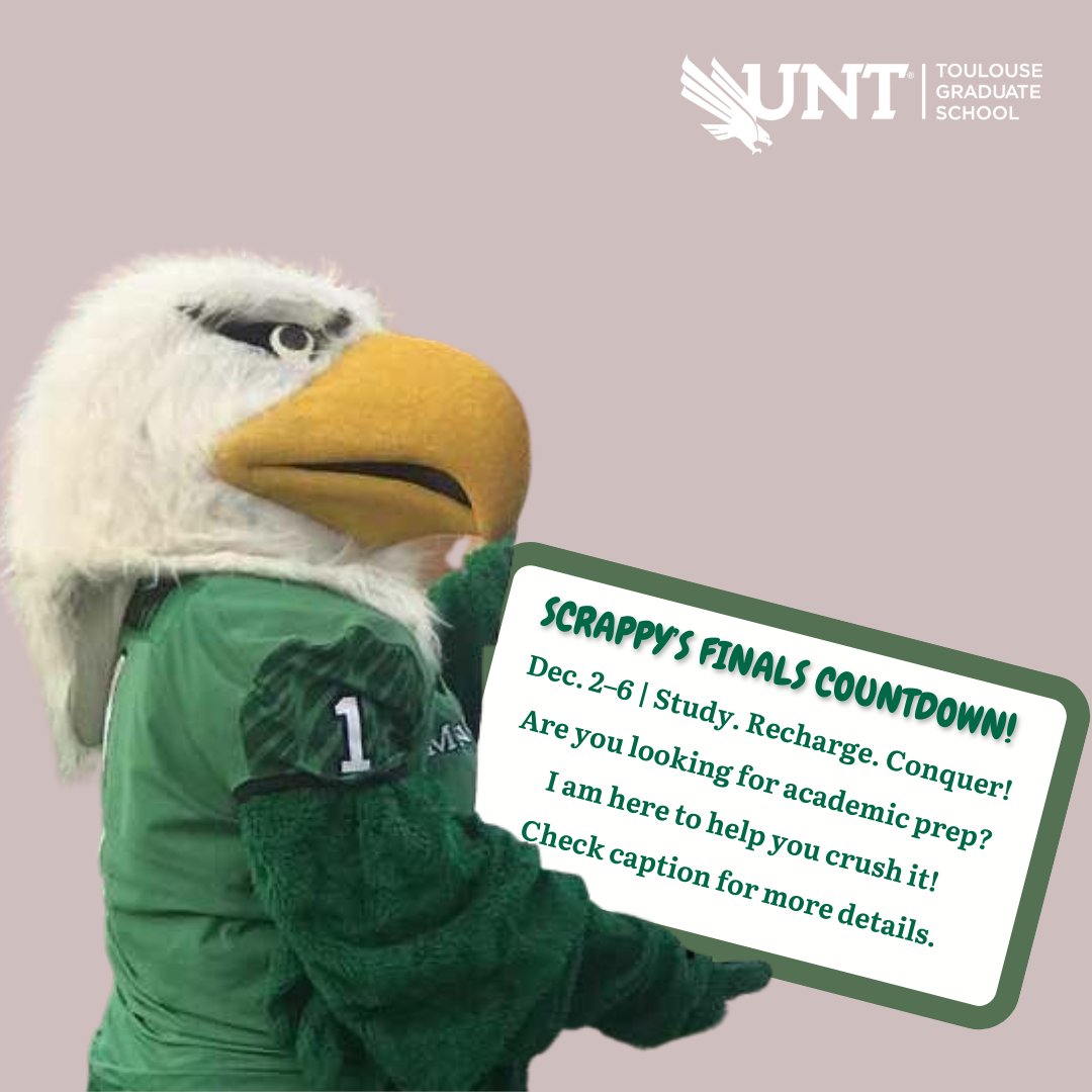 Finals are around the corner, Whether you need academic prep or wellness recharge, we’ve got you covered with a weeklong mix of in-person &amp; virtual activities
Reserve study spaces
Join tutor-led sessions
Dive into study groups
Check out: unt.edu/scrappysfinals…