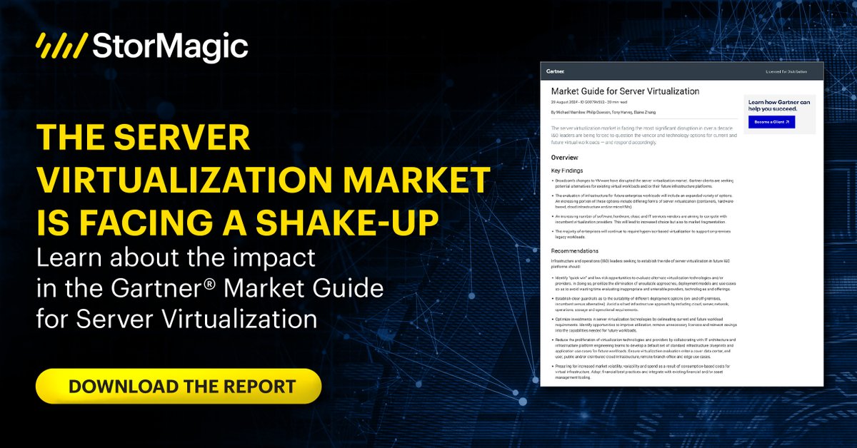 StorMagic's tweet image. Broadcom’s recent alterations to VMware's strategy, licensing, & partner ecosystem have shaken up 🪇 the #ServerVirtualization market, affecting its position & alternatives.
Read Gartner®'s Market Guide for Server Virtualization to hear their insights: hubs.ly/Q02-c9Rz0