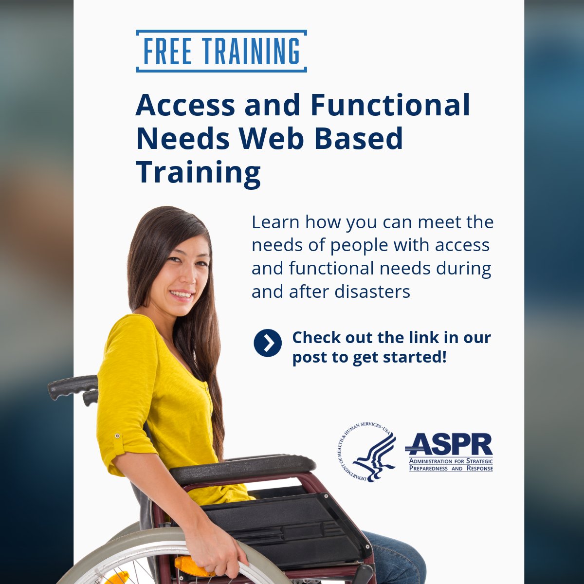 Disasters don’t discriminate—neither should emergency plans. Take the free HHS/ASPR Access &amp; Functional Needs #AFN Training to ensure your community's preparedness is inclusive &amp; effective: train.org/main/course/10…  

#InternationalDayofPersonswithDisabilities