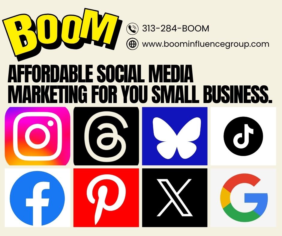 Attention business owners: Utilize social media to promote deals with our affordable marketing services. Reach your target audience on Facebook, Instagram, and more. Contact BOOM Marketing at 313-284-BOOM for assistance. Text for questions.