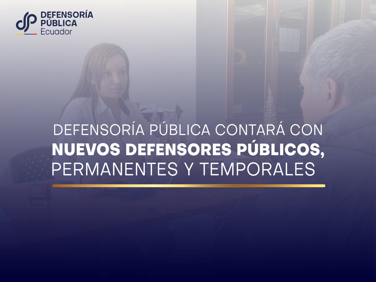 DefPublicaEC's tweet photo. 🔴#BoletínDePrensa 📰

Por gestión del Defensor Público General, Ricardo Morales Vela, la institución contará con 10 nuevos  defensores públicos permanentes y temporales, para las provincias de Tungurahua, Pichincha, Guayas y Azuay.

 🔗Más información aquí: https://t.co/cZHL2e2PPZ