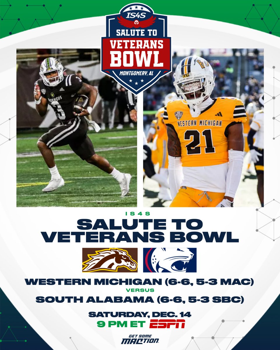MACtion (@macsports) on Twitter photo The Broncos are heading south 🫡🎳
Western Michigan will battle South Alabama in the <a href="/Salute2VetsBowl/">IS4S Salute to Veterans Bowl</a> on Saturday, Dec. 14 at 9PM ET on ESPN!
<a href="/WMU_Football/">Western Michigan Football</a> | #MACtion The Broncos are heading south 🫡🎳
Western Michigan will battle South Alabama in the <a href="/Salute2VetsBowl/">IS4S Salute to Veterans Bowl</a> on Saturday, Dec. 14 at 9PM ET on ESPN!
<a href="/WMU_Football/">Western Michigan Football</a> | #MACtion