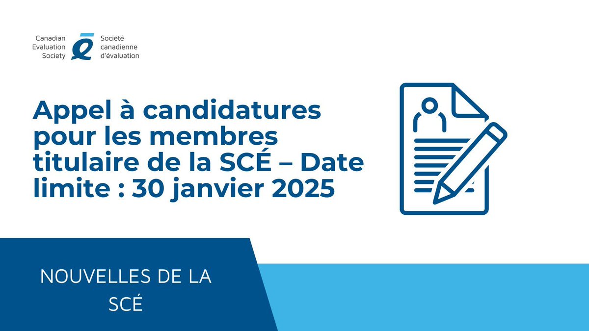 L'appel à candidatures pour le titre de membre titulaire de la SCÉ est ouvert jusqu'au 30 janvier 2025 !

Lisez ce communiqué de la SCÉ de presse pour plus d'informations sur la manière de nommer un collègue.
buff.ly/4iezYFv 

#evaluation