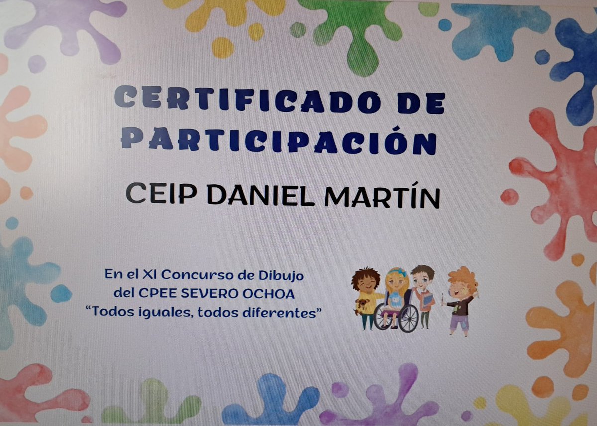 Hoy hemos celebrado el día de la discapacidad, además de venir con un calcetín de cada color, hemos hecho un bonito puzzle entre todas las clases 😍. También hemos colaborado en el concurso de dibujo del CPEE Severo Ochoa y Mirad que diploma tan bonito nos han enviado 👏🥰