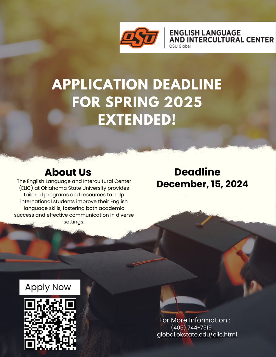 Don't miss out! The application deadline for Spring 2025 at the English Language and Intercultural Center (ELIC) has been extended to December 15, 2024. Apply now and improve your English language skills at Oklahoma State University!

#osuglobal #englishlearning #gopokes #apply