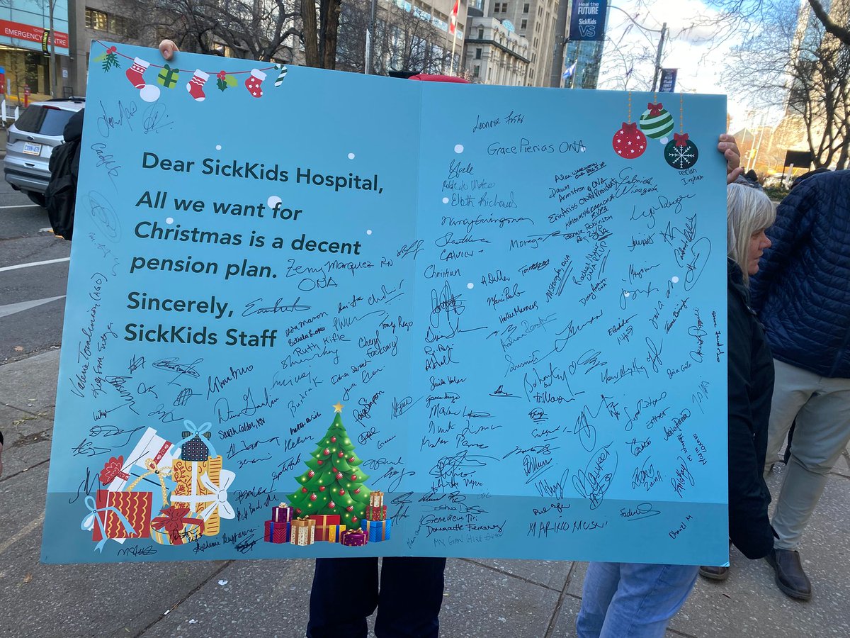 OCHU_Healthcare's tweet photo. "All we want for Christmas is a decent pension plan": SickKids staff once again made it clear that they won't accept a poverty-level pension plan. Workers want the standard pension plan that hospital workers across Ontario already enjoy. https://t.co/1eVhJzqlx4