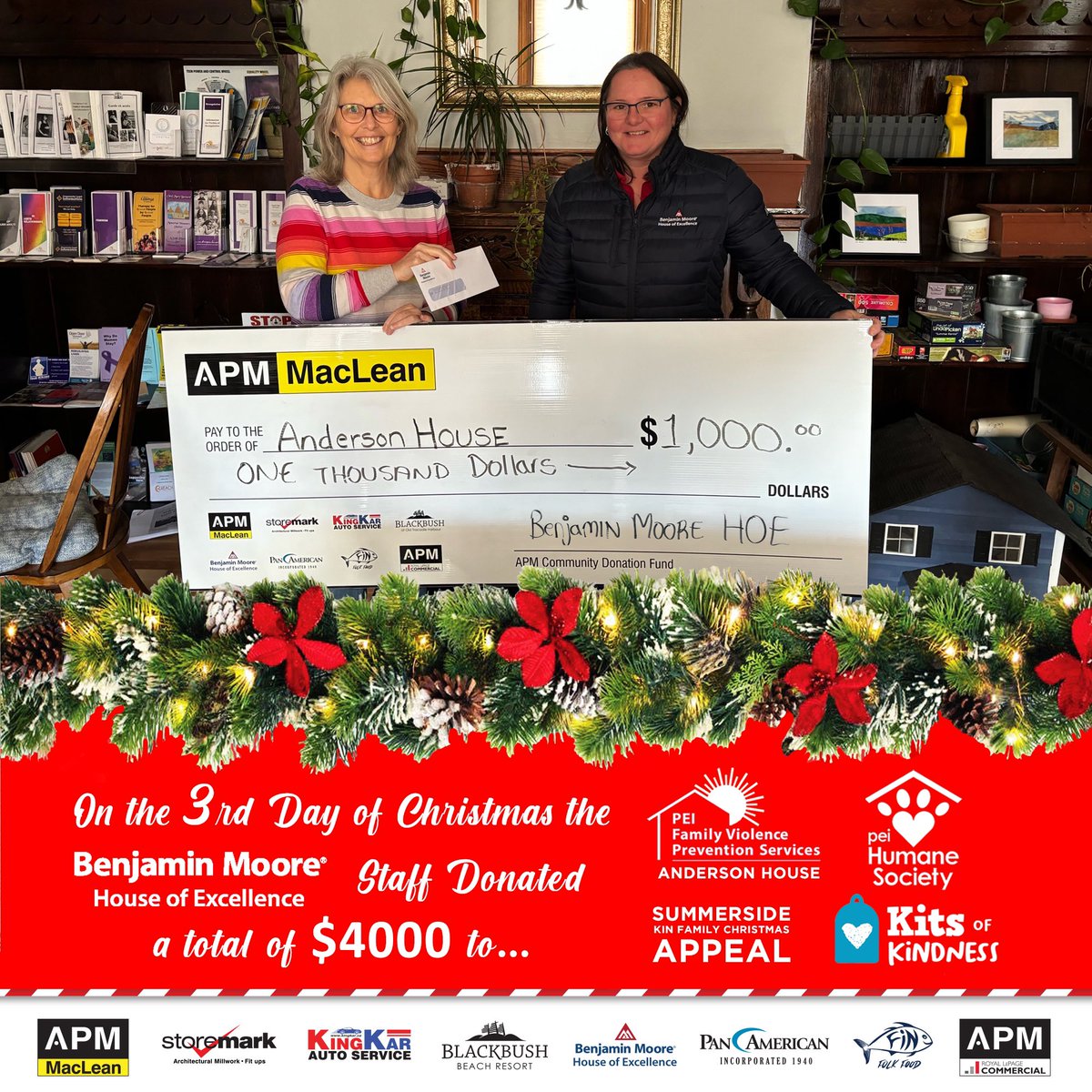 On the Third Day of Christmas Giving, Our APM  Employees would like to Help support  “Kits of Kindness”@ CornerstoneBaptistChurch,
“Anderson House @PEI_VPS and PEI Humane Society @ PEIHumaneSociety, and @SummersideKinFamilyChristmas!

At the APM Group of Companies, we believe
