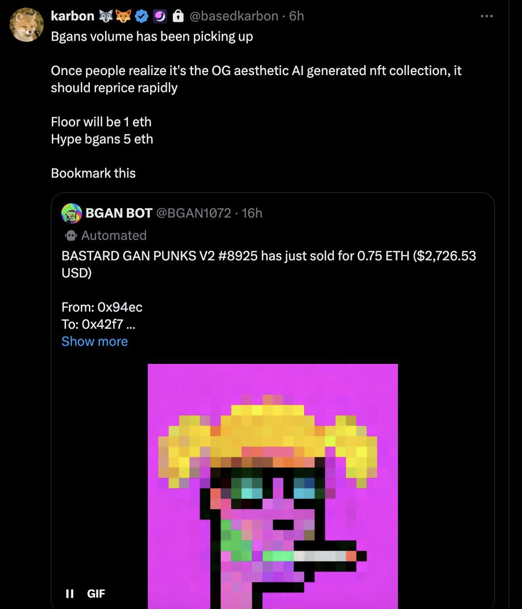 RenDeHero's tweet photo. If you didn't know , BASTARD GAN PUNKS  is an OG AI generated Nft collection. 

Also , the Top Holder is M4T the OG (🏴‍☠️.eth) who's rockn an Emoji ENS 👨‍🌾.eth https://t.co/F3TFcRvCjM