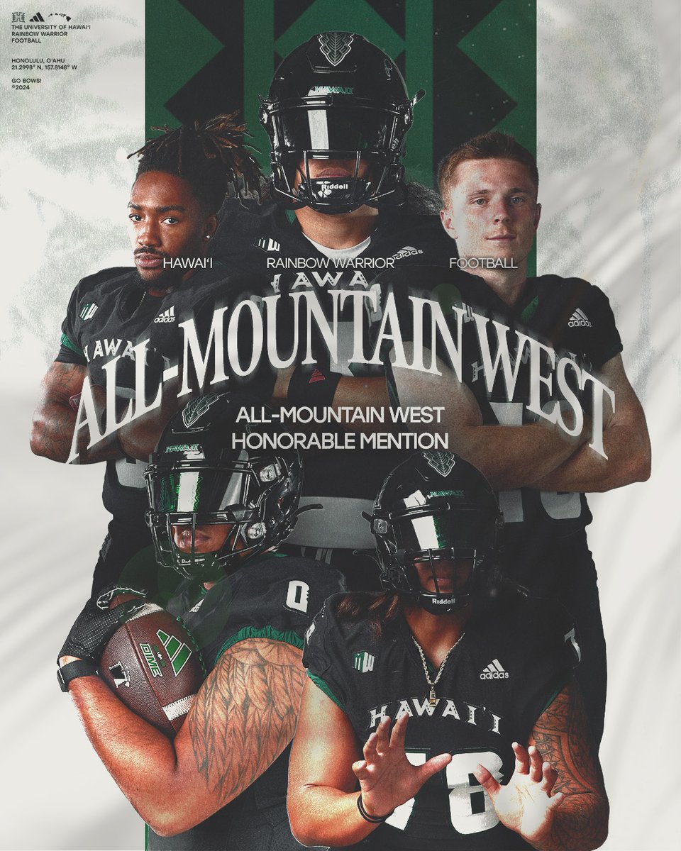 Hawaii Football (@hawaiifootball) on Twitter photo Congrats to these five on earning Mountain West honorable mention recognition. 👏
▪️ Lucas Borrow
▪️ <a href="/DecambraKaena/">Kaena DeCambra</a>
▪️ <a href="/maanuma6/">Peter Manuma 🇦🇸</a>
▪️ <a href="/EPalmerr4/">Elijah Palmer</a>
▪️ Elijah Robinson
#BRADDAHHOOD x #GoBows Congrats to these five on earning Mountain West honorable mention recognition. 👏
▪️ Lucas Borrow
▪️ <a href="/DecambraKaena/">Kaena DeCambra</a>
▪️ <a href="/maanuma6/">Peter Manuma 🇦🇸</a>
▪️ <a href="/EPalmerr4/">Elijah Palmer</a>
▪️ Elijah Robinson
#BRADDAHHOOD x #GoBows