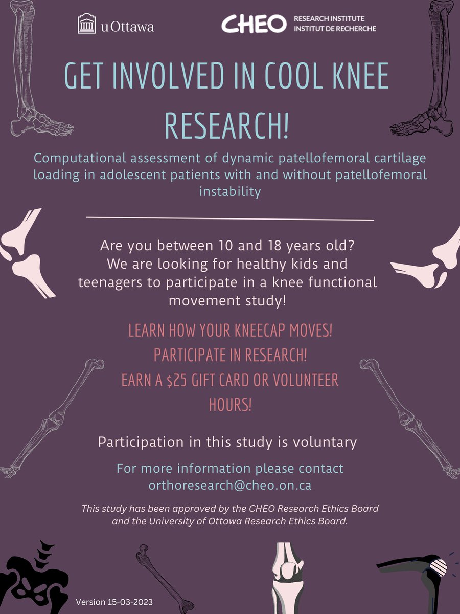 Looking for Research Participants!🦵✨  
Are you 10-18 years old? Need volunteer hours or curious about biomechanics research? Here's your chance to contribute to a groundbreaking knee study!  
#ResearchStudy #KneeHealth #Biomechanics #VolunteerOpportunities #CHEO