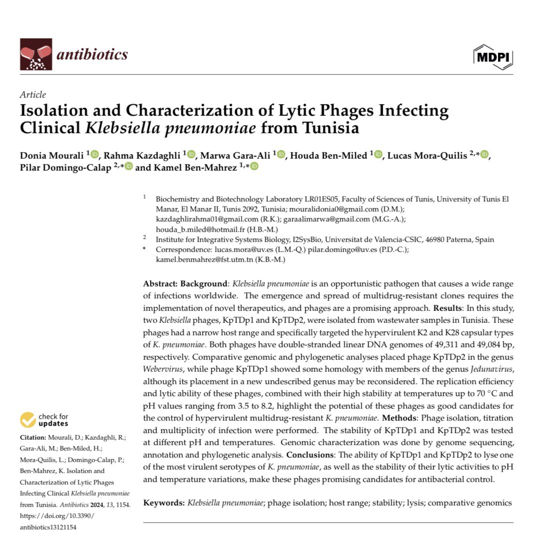 Happy to share the results from our collaboration with researchers from University of Tunisia! Congrats to all authors especially Donia Mourali (first author), <a href="/pilardomingoc/">Pilar Domingo-Calap</a> and <a href="/LucasMQQQ/">LucasMQ</a> (corresponding authors) 💪🇹🇳💛 Available at: mdpi.com/2079-6382/13/1…