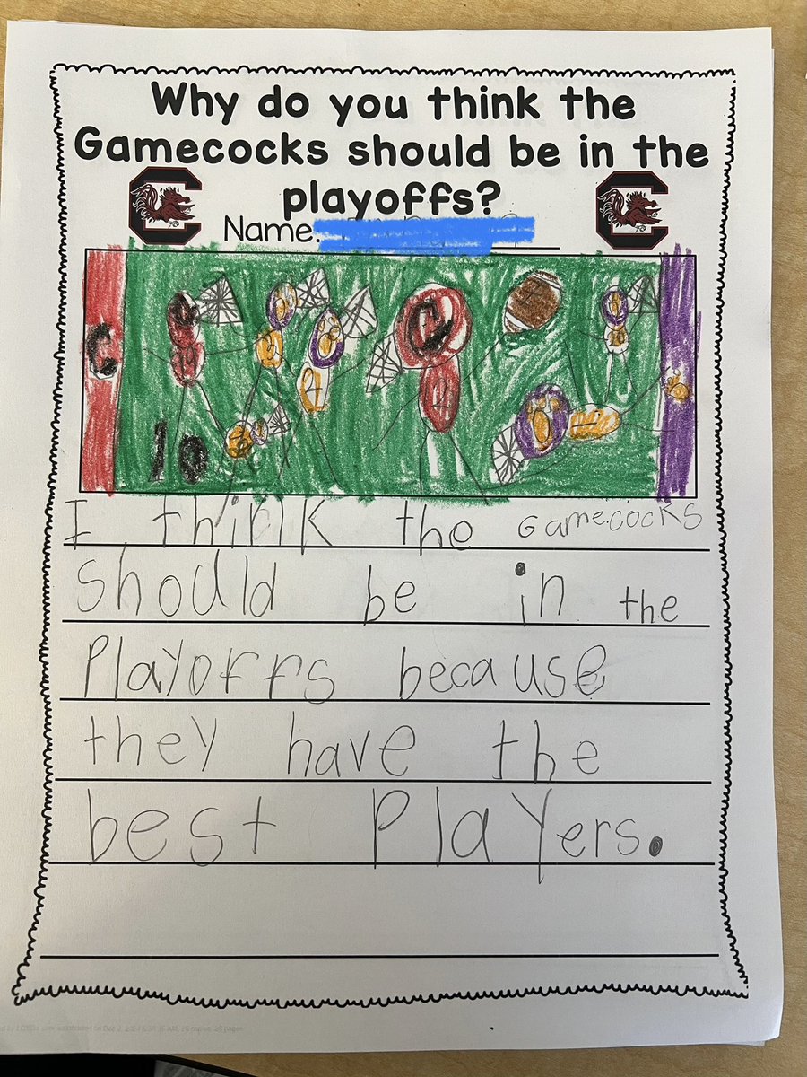 1st grade thinks the Gamecocks should definitely be in the playoffs🤙🏼🐔🏈