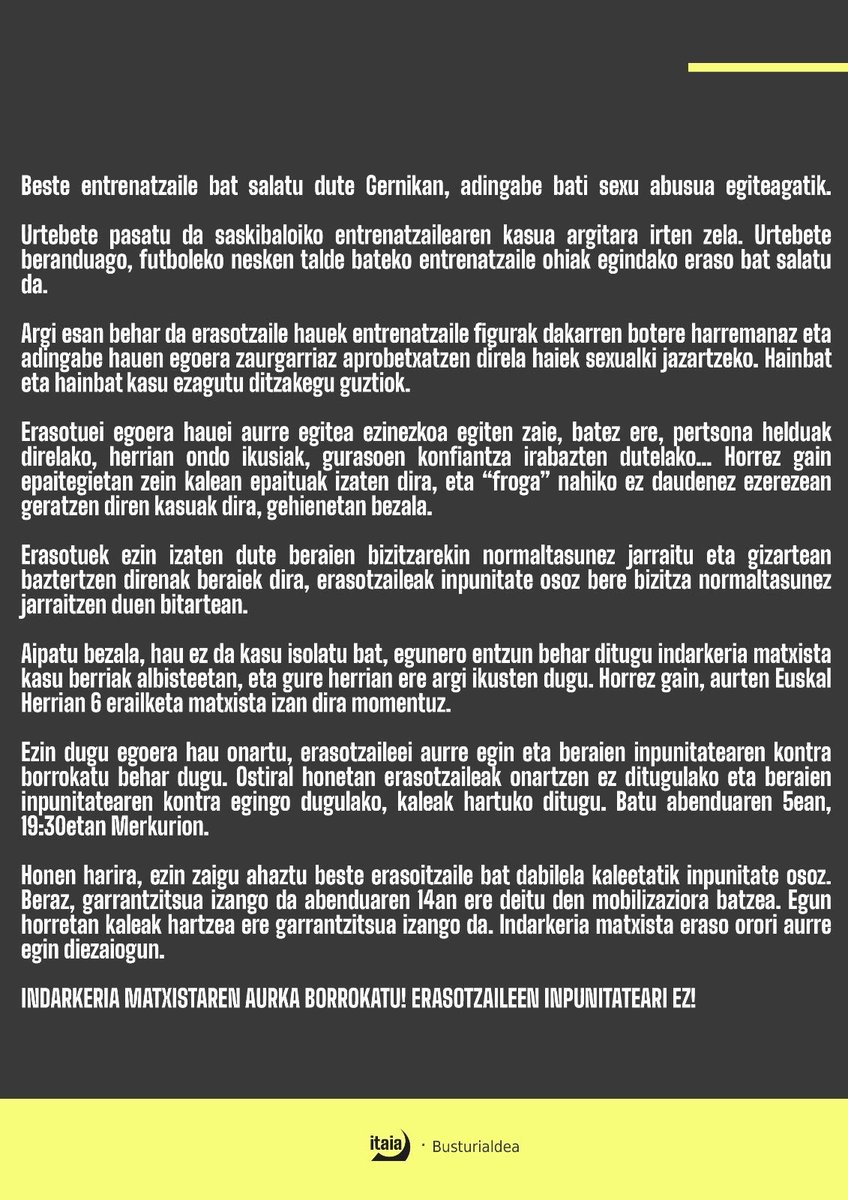 Gure babes eta elkartasun osoa adierazi nahi diogu erasotuari.

🗓️ Abenduak 5, osteguna
🕦19:30
📍Merkuriotik