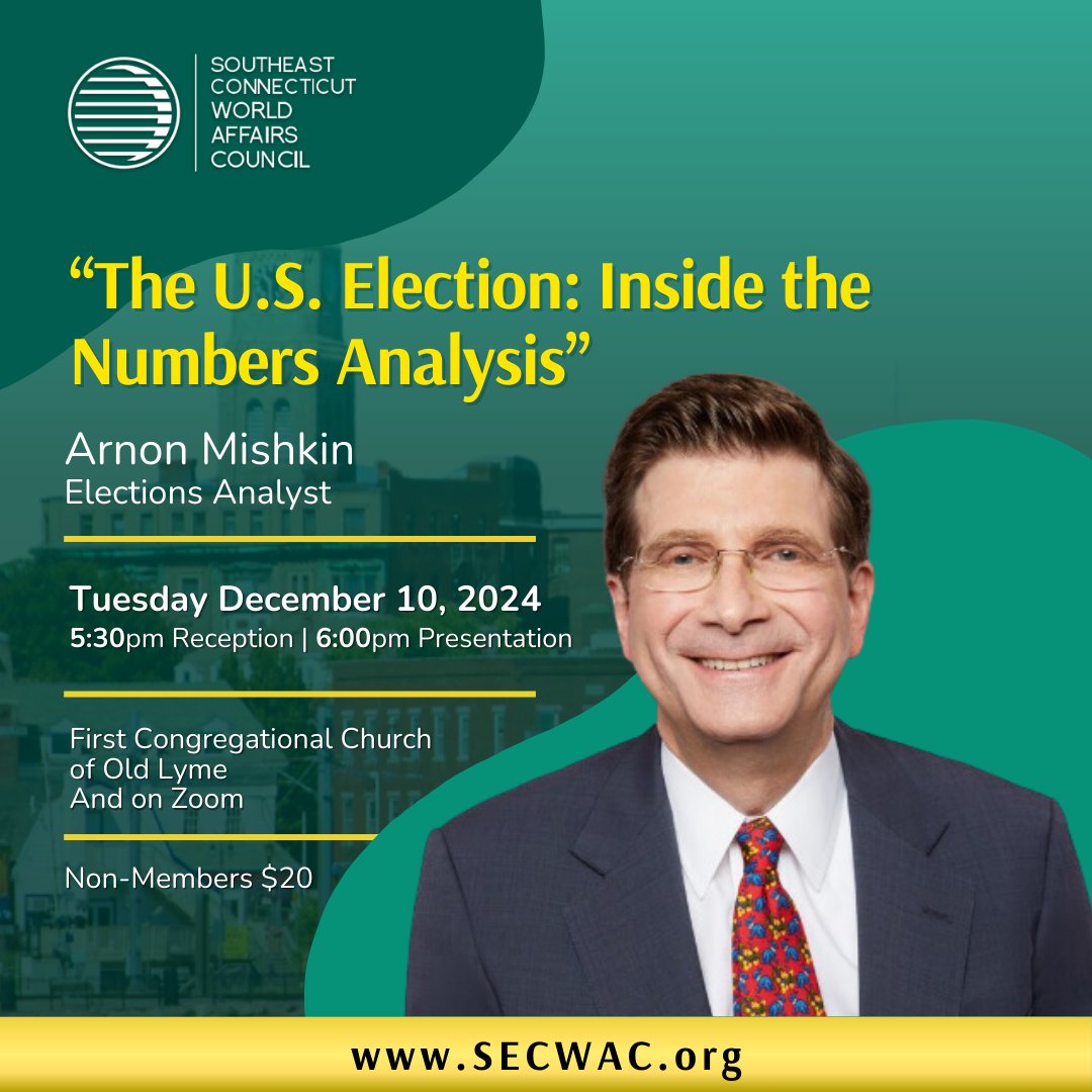 SECWAC's tweet photo. Join SECWAC on Tuesday December 10, 2024 for Arnon Mishkin's "The U.S. Election: Inside the Numbers Analysis". Learn more here: https://t.co/KLgR6fgoS6 🌎 #SECWAC  #worldaffairscouncil #exitpolls #arnonmishkin https://t.co/GMpifsPuH4