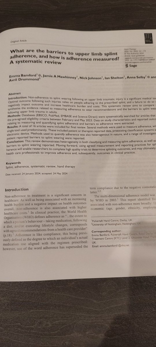Ian__Shelton's tweet image. It's in print....well done to @BamfordEmma for a smashing piece. #splint #adherence #systematicreview