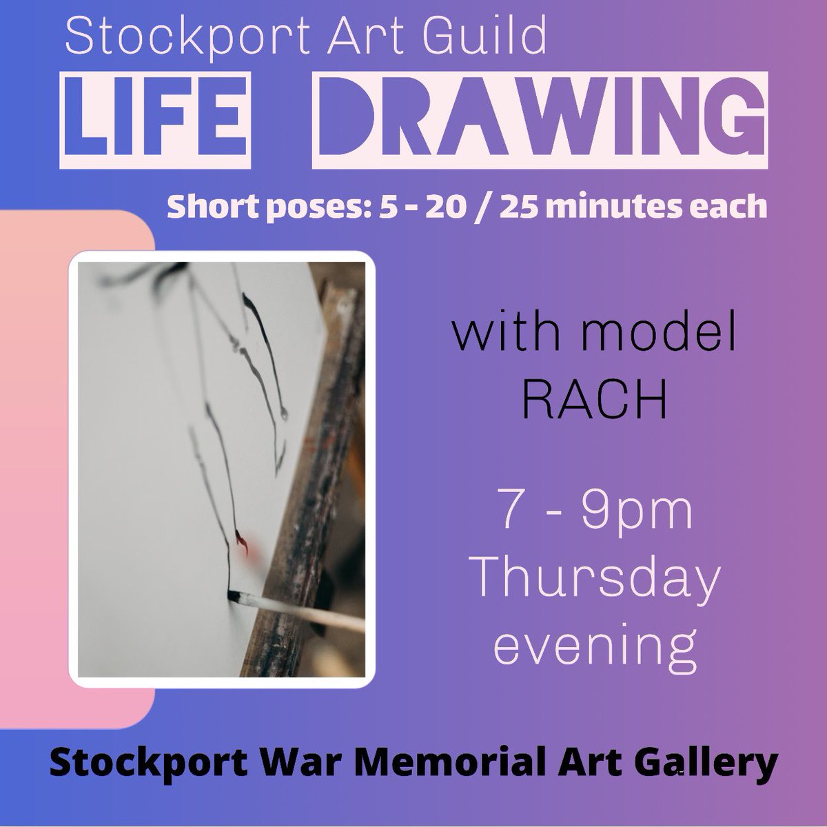 🎨 Join us Thursday night from 7pm for <a href="/StkptArtGuild/">Stockport Art Guild</a> life drawing with Rach! 
Short poses: 5 - 20 / 25 minutes each.
All are welcome. Members and non-members alike. Sessions are untutored. 🖌️
#stockportartguild