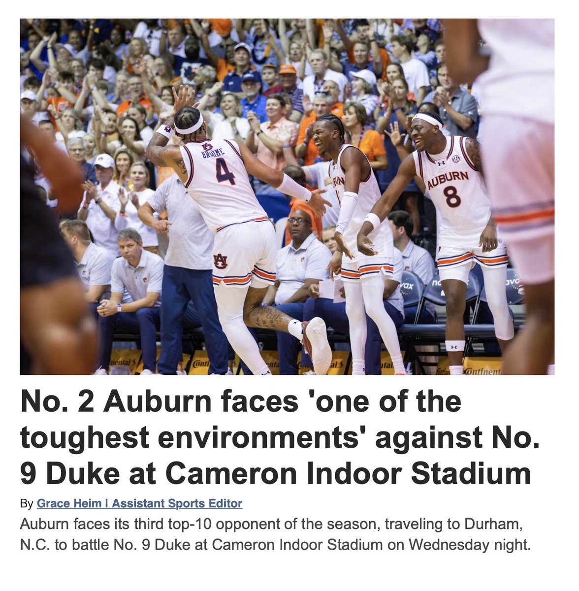 PatrickABingham's tweet photo. Make sure to go read @plainsmansports' coverage of No. 2 Auburn's upcoming showdown at No. 9 Duke. Great work by our team!

⬇��⬇️⬇️
https://t.co/0odeB6B60k https://t.co/DYzgVtiTuI