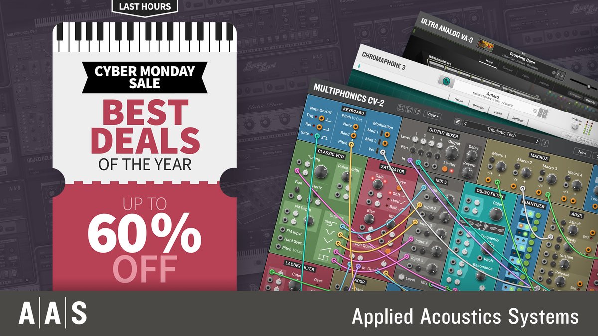 Only a couple of hours left to get our best deals of the year. applied-acoustics.com/promo/  60% OFF all bundles,  55% OFF all synths + One free expansion pack of your choice, 50% OFF all sound packs.