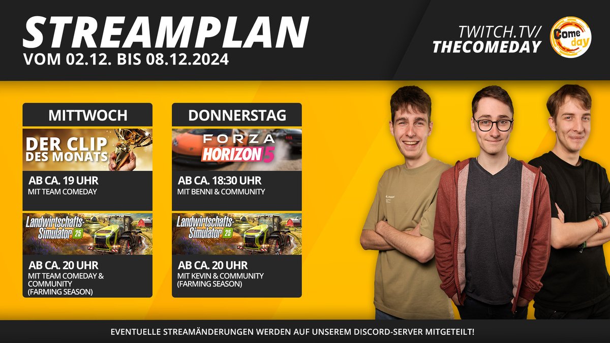 Unser Streamplan für diese Woche:
Wir küren den besten Clip vom November🏆, erledigen die wöchentliche #FH5 Playliste 😎 und unsere Farming Season in #FarmingSimulator25 geht weiter 🚜