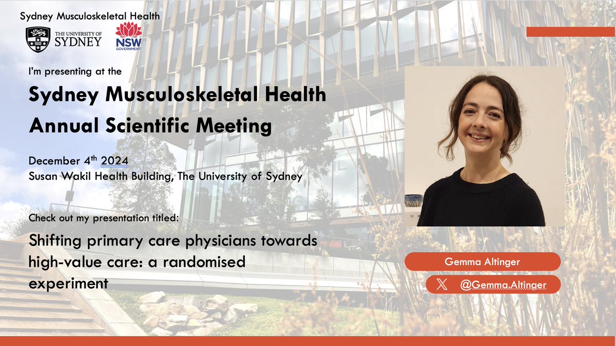 Gemma Altinger (@gemmaaltinger) on Twitter photo Excited to share more from our recent randomised experiment examining if giving more treatment options to GPs leads to worse care (or not) today! <a href="/SydneyMSK/">Sydney MSK</a> #SydneyMSK #BehaviouralEconomics #LowValueCare #BetterPractice Excited to share more from our recent randomised experiment examining if giving more treatment options to GPs leads to worse care (or not) today! <a href="/SydneyMSK/">Sydney MSK</a> #SydneyMSK #BehaviouralEconomics #LowValueCare #BetterPractice