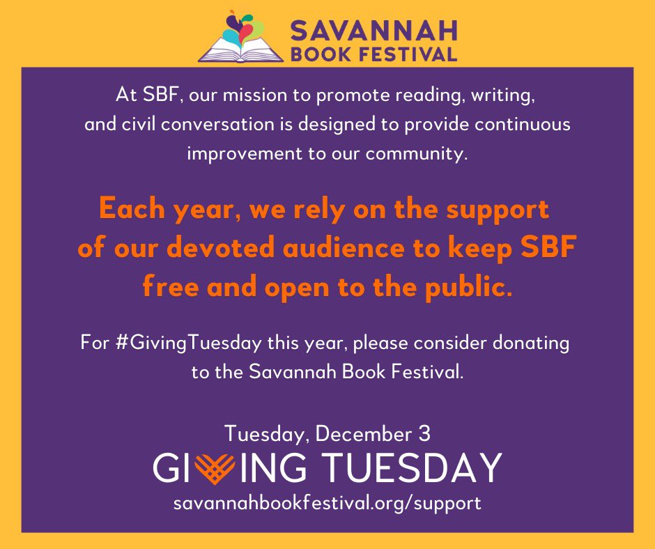 Today is #GivingTuesday

Visit savannahbookfestival.org/support to see how you can support the 18th Annual Savannah Book Festival📙

#GivingTuesday2024
