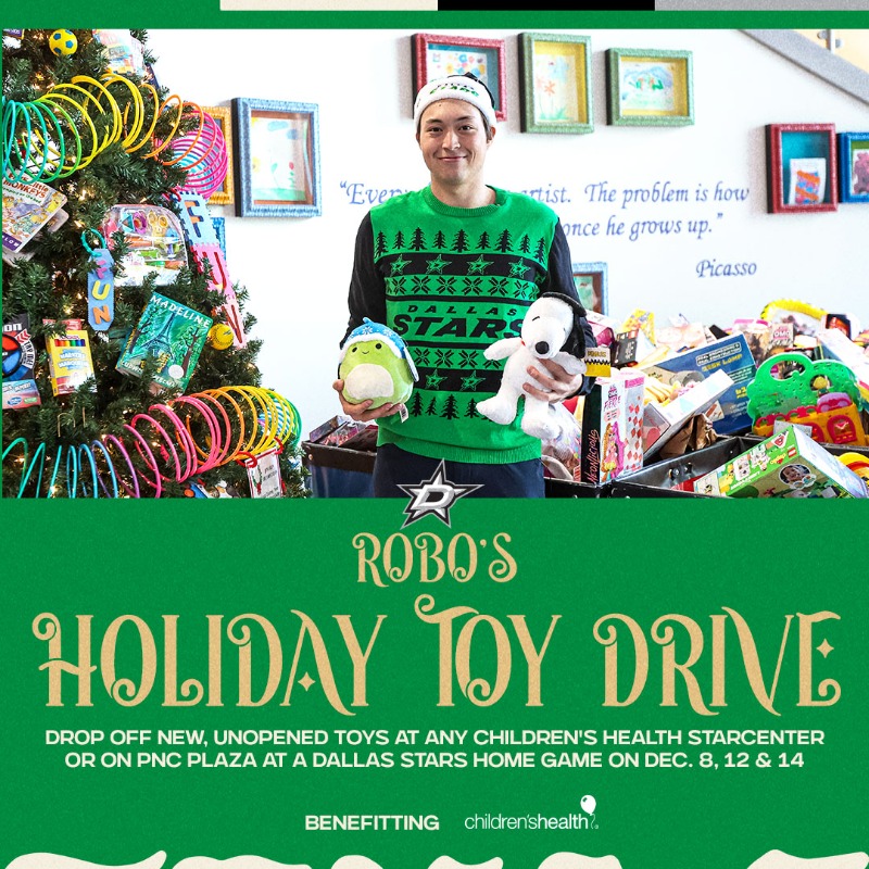 DallasStars's tweet photo. Our favorite tradition has returned– Robo's Holiday Toy Drive starts today! 🤖🎁

Join the Dallas Stars, Jason Robertson, and Children's Health in making the holidays special for Children's Health patients 🎄

More info on where and how to donate ⤵️