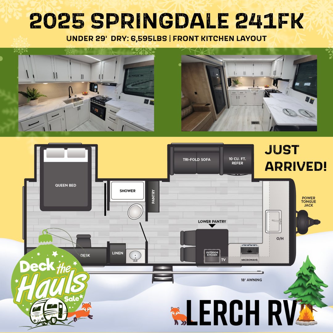 LerchRV's tweet image. 🌲JUST ARRIVED!🌲 The 2025 Springdale 241FK is here! This front kitchen travel trailer is under 29' and is perfect for camping couples looking to make unforgettable memories. ❤️ Stop by Lerch RV today! lerchrv.com/inventory/new-…  #RVAdventures #springdalerv #goRVing #FollowTheFox 🦊