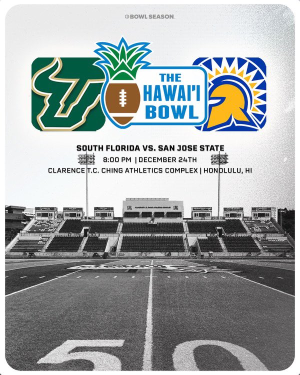 Bowl Season (@bowlseason) on Twitter photo 🚨IT’S OFFICIAL🚨<a href="/USFFootball/">USF Football</a> will face <a href="/SanJoseStateFB/">San José State Football</a> in the <a href="/HawaiiBowl/">Sheraton Hawai'i Bowl</a>!
#BowlSeason #CFB #CollegeFootball #GoBulls #USFFootball #ComeToTheBay #AllSpartans #ThisIsSparta 🚨IT’S OFFICIAL🚨<a href="/USFFootball/">USF Football</a> will face <a href="/SanJoseStateFB/">San José State Football</a> in the <a href="/HawaiiBowl/">Sheraton Hawai'i Bowl</a>!
#BowlSeason #CFB #CollegeFootball #GoBulls #USFFootball #ComeToTheBay #AllSpartans #ThisIsSparta