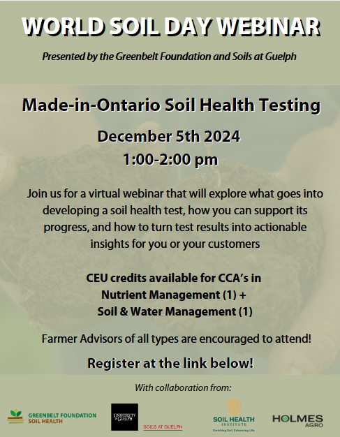 SOILS AT GUELPH (@soilsatguelph) on Twitter photo Curious about soil health testing in Ontario? Wondering how to measure, monitor and manage for healthy soils? Looking for CEUs or KSEs? Register for Webinar here: 👇
bit.ly/3Z2UTUt
<a href="/CCAOntario/">CCA Ontario</a> <a href="/GrainFarmers/">Grain Farmers of Ontario</a> <a href="/SoilNetwork/">Ontario Soil Network</a> <a href="/OntarioSoilCrop/">Ontario Soil & Crop</a> <a href="/UofGuelphOAC/">Ontario Agricultural College</a> <a href="/WestonFamilyFdn/">Weston Family Foundation</a> Curious about soil health testing in Ontario? Wondering how to measure, monitor and manage for healthy soils? Looking for CEUs or KSEs? Register for Webinar here: 👇
bit.ly/3Z2UTUt
<a href="/CCAOntario/">CCA Ontario</a> <a href="/GrainFarmers/">Grain Farmers of Ontario</a> <a href="/SoilNetwork/">Ontario Soil Network</a> <a href="/OntarioSoilCrop/">Ontario Soil & Crop</a> <a href="/UofGuelphOAC/">Ontario Agricultural College</a> <a href="/WestonFamilyFdn/">Weston Family Foundation</a>