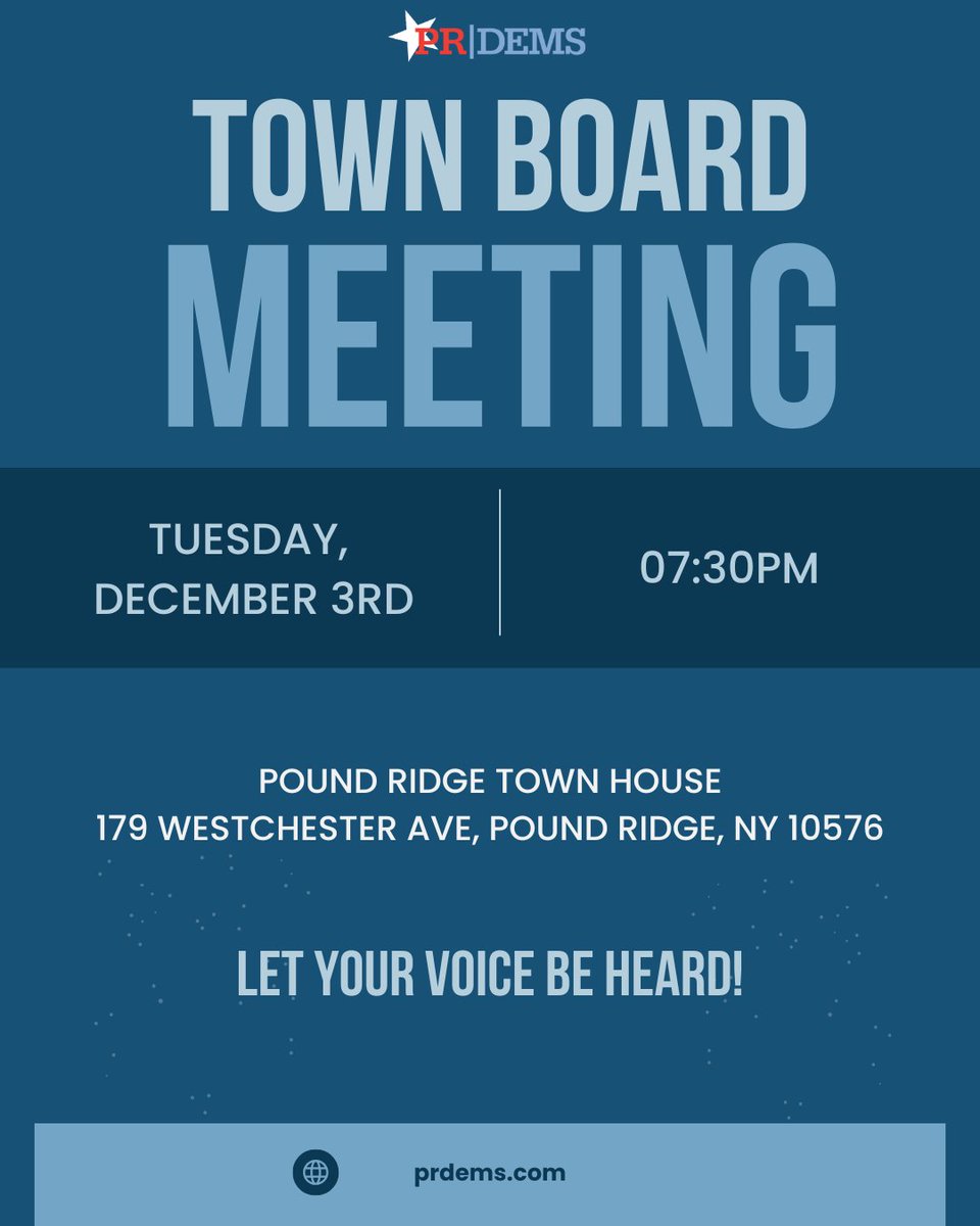 prdems's tweet photo. Our Town Board meeting is tonight! Tuesday, December 3rd, at 7:30 PM at the Pound Ridge Town House. https://t.co/PKJSxzLLyo