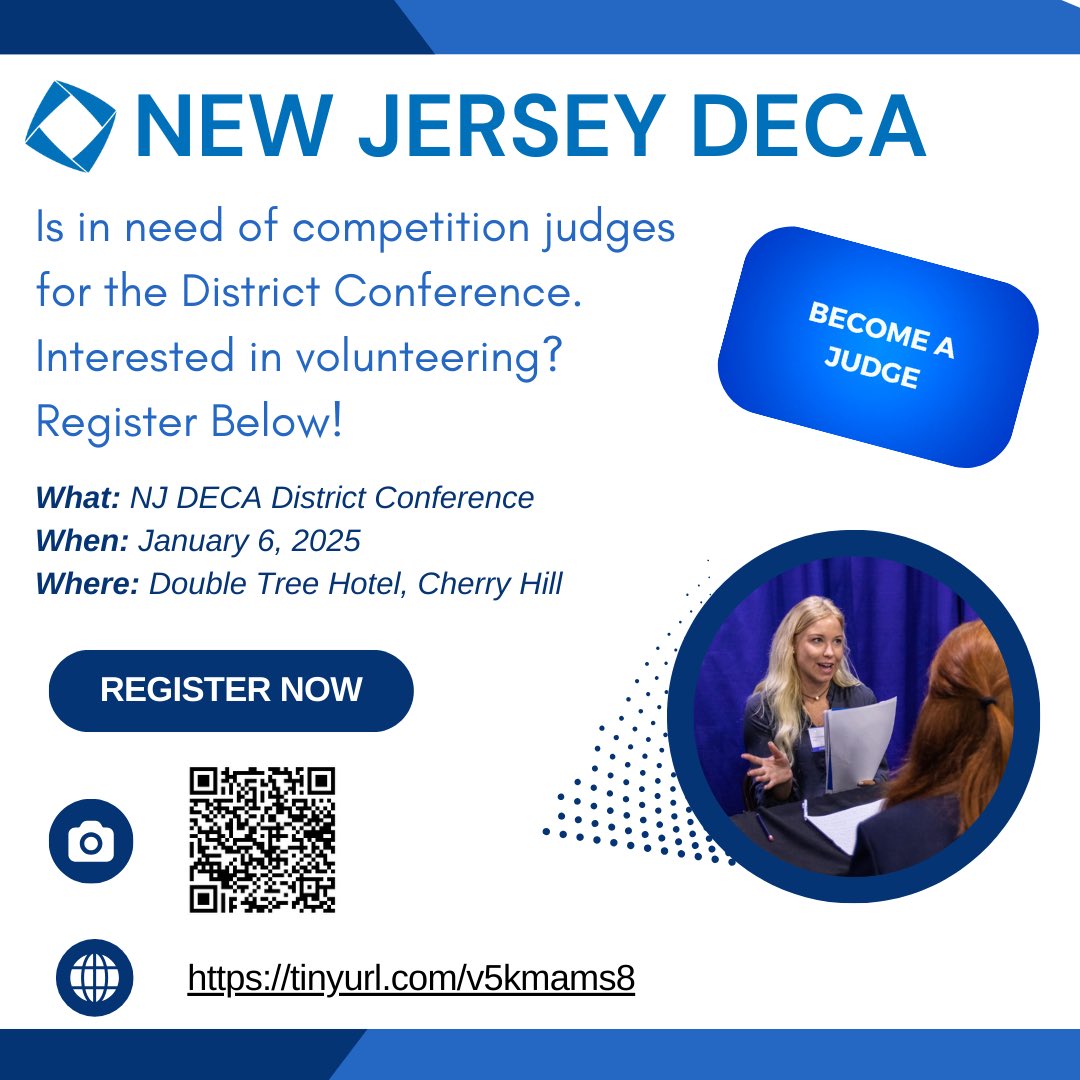 Lenape and NJ DECA are looking for judges for our upcoming conference. Interested in volunteering as a judge? Please follow the QR Code or link to register!