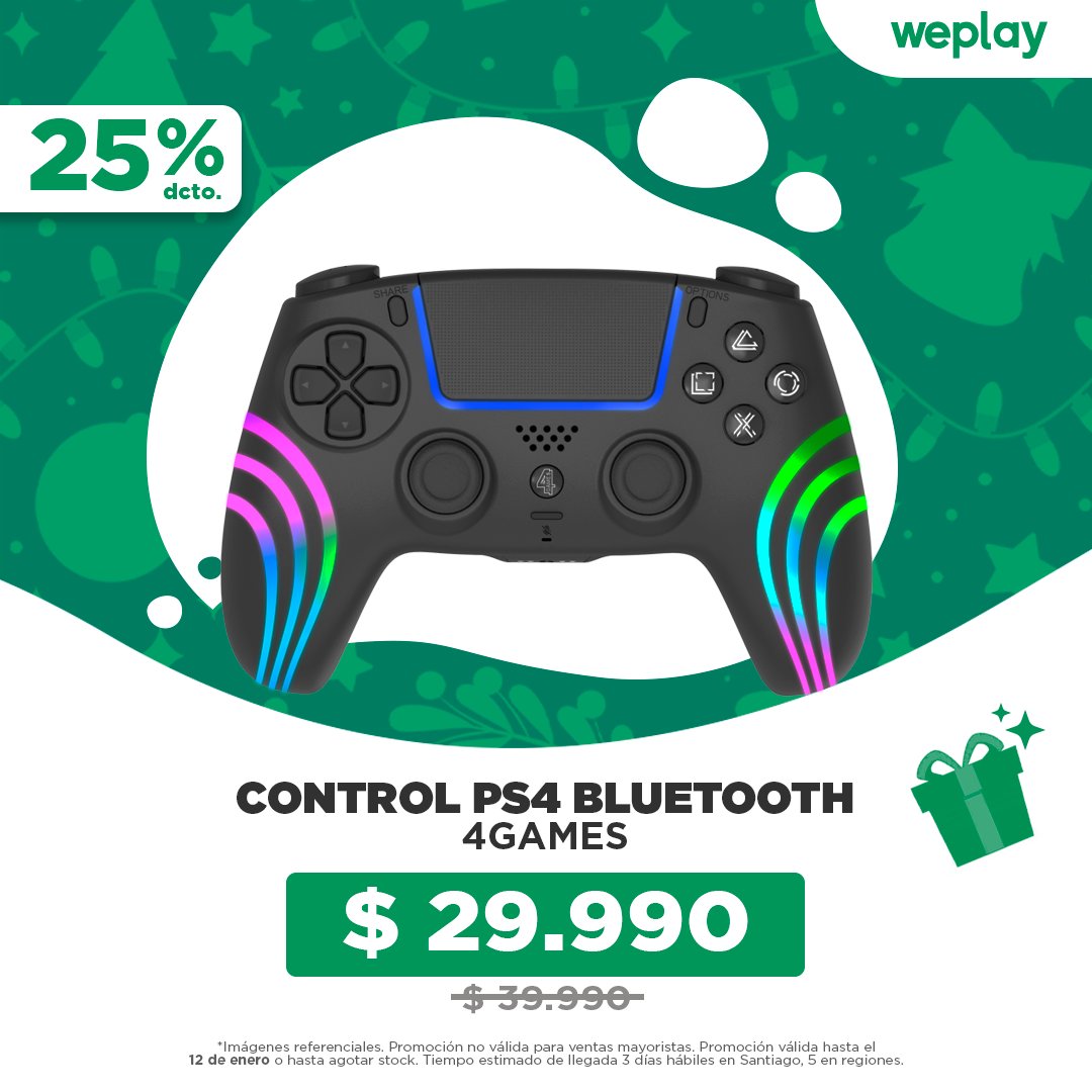 weplaystore_cl's tweet photo. 🎮✨ ¡Vive la experiencia gamer definitiva! Consigue el control Bluetooth #4games, compatible con #PS4, #Android, #PC e #iOS, con hasta un 25 % de descuento por Navidad. 🎅🎁 ¡No te quedes sin el tuyo! Disponible en web https://t.co/9YowMWbG57 y tiendas físicas #WeplayStore https://t.co/ayH9p99P4b