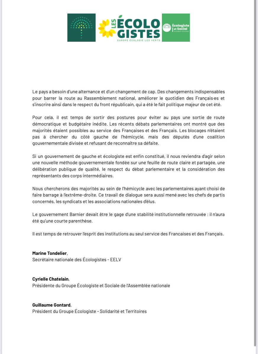 🔴Michel Barnier sera donc censuré demain.

Le pays a besoin d’une alternance et d’un changement de cap.

Le Président de la République, premier responsable de la situation de crise politique dans laquelle il a plongé le pays, doit sans tarder se conformer au résultat des