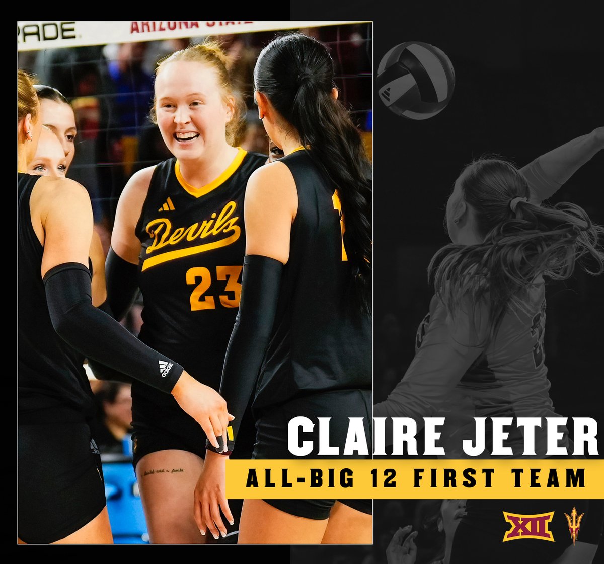 SunDevilVB's tweet photo. MAKING THEIR MARK IN THE @BIG12 🔥

Congratulations to @CyrAngelique, @clairejeterr, @mshroll9 and @argeentinaung for being named to All-@Big12Conference First Team! 🔱

#ForksUp